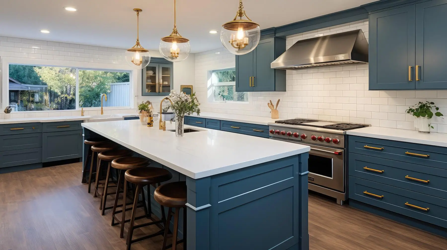 Navy blue cabinet painting in a Sunapee NH kitchen with white quartz island