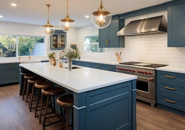 Navy blue cabinet painting in a Sunapee NH kitchen with white quartz island